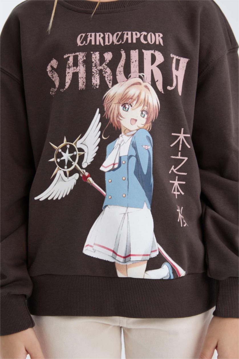 Kız Çocuk - Genç Kız Antrasit Sakura Oversize Geniş Kalıp Bisiklet Yaka Sweatshirt Kız Çocuk