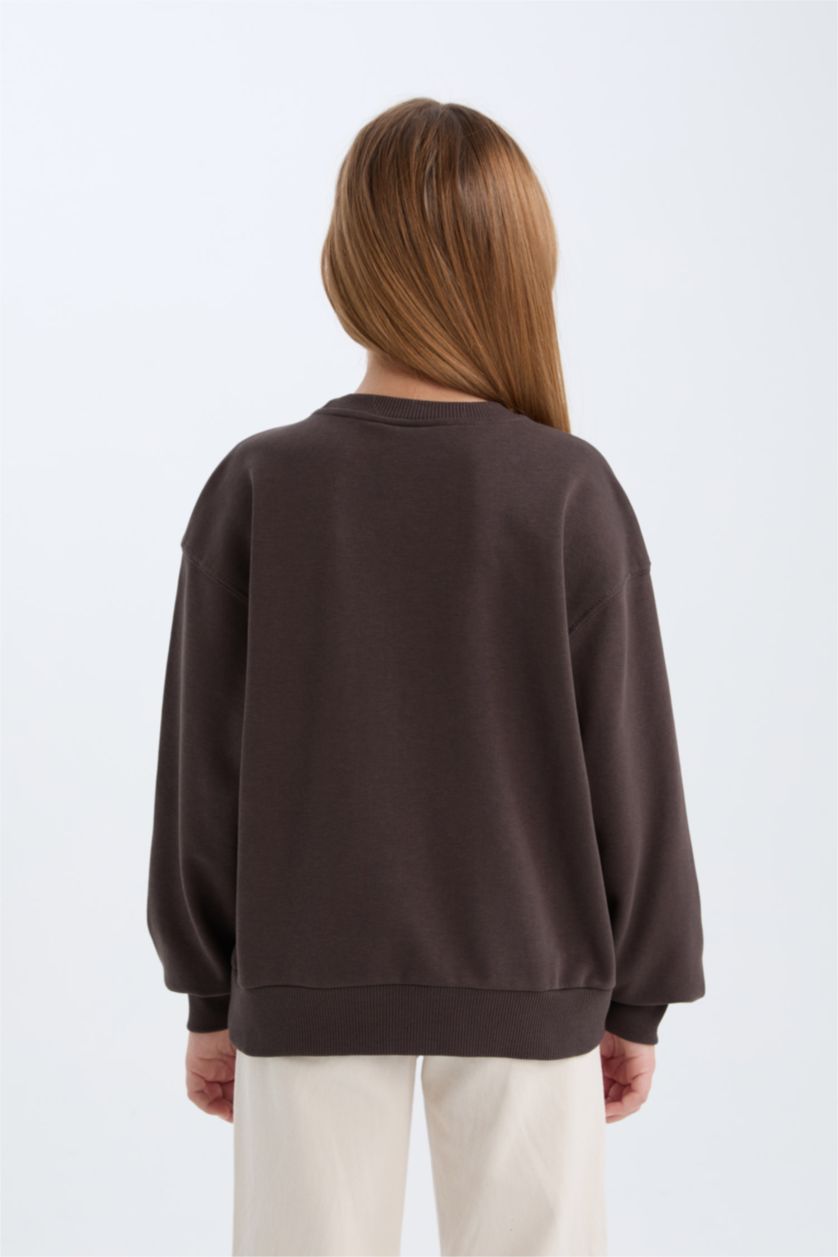 Kız Çocuk - Genç Kız Antrasit Sakura Oversize Geniş Kalıp Bisiklet Yaka Sweatshirt Kız Çocuk