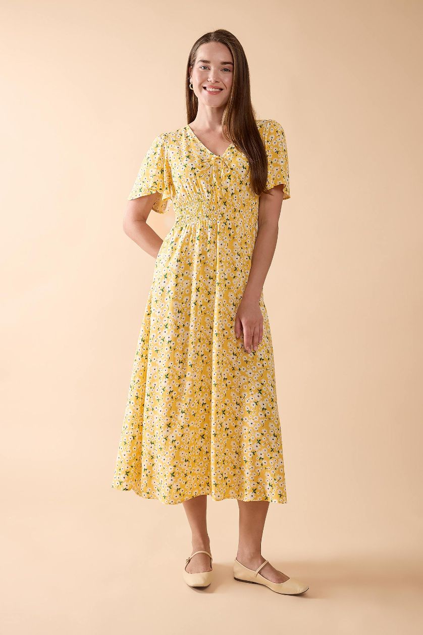 FEMME Jaune Robe mi-longue imprimée à manches courtes et col en V