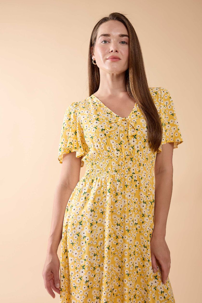 FEMME Jaune Robe mi-longue imprimée à manches courtes et col en V