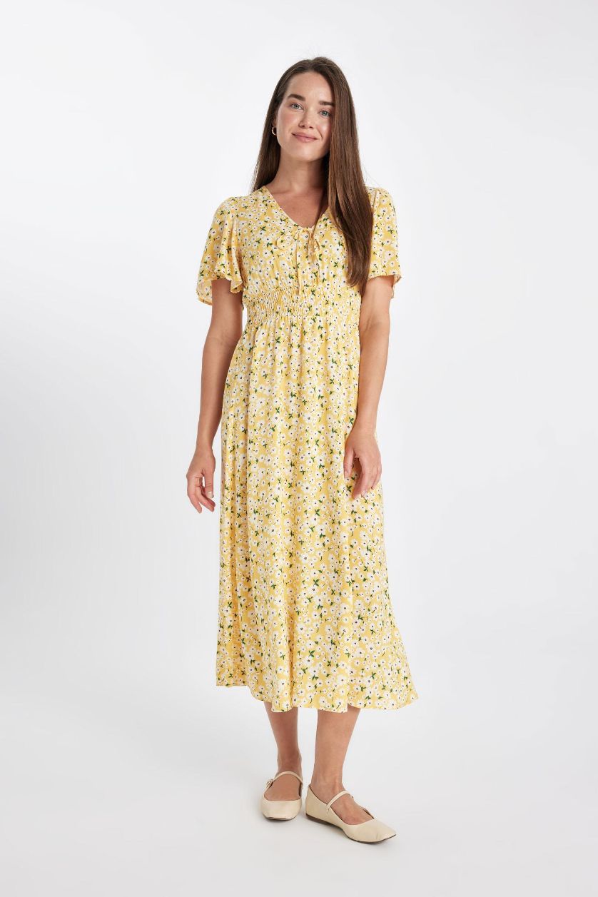 FEMME Jaune Robe mi-longue imprimée à manches courtes et col en V