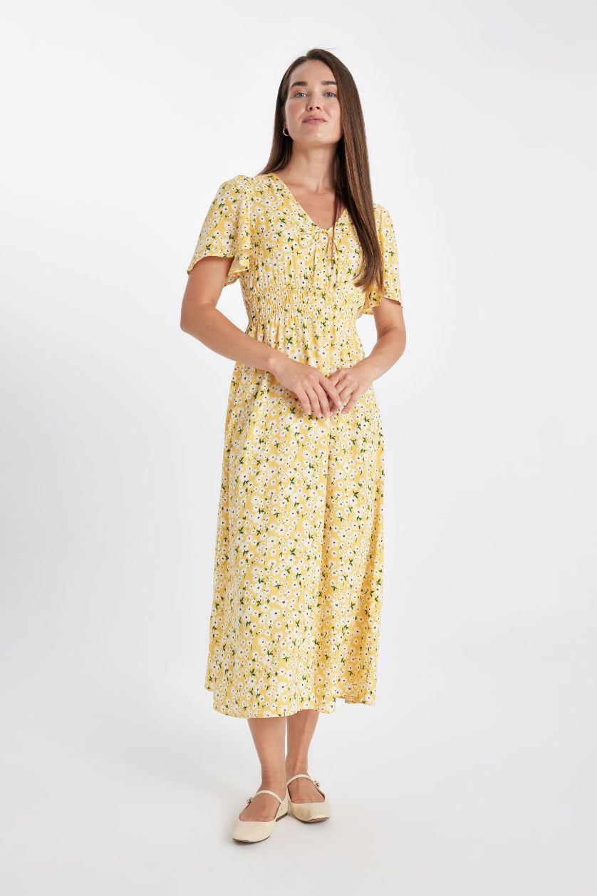 FEMME Jaune Robe mi-longue imprimée à manches courtes et col en V