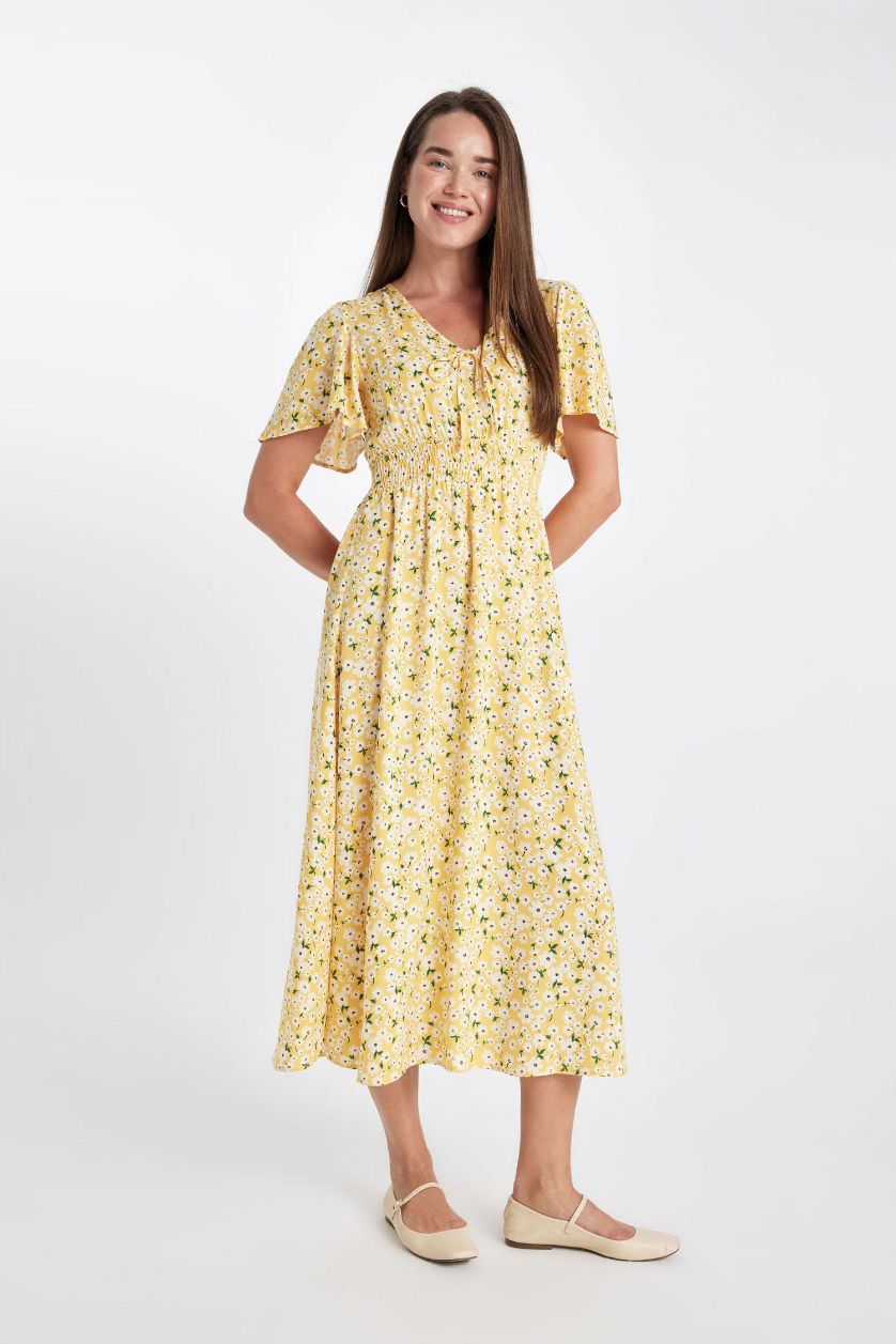 FEMME Jaune Robe mi-longue imprimée à manches courtes et col en V