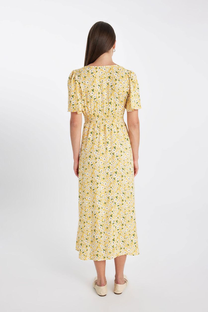 FEMME Jaune Robe mi-longue imprimée à manches courtes et col en V