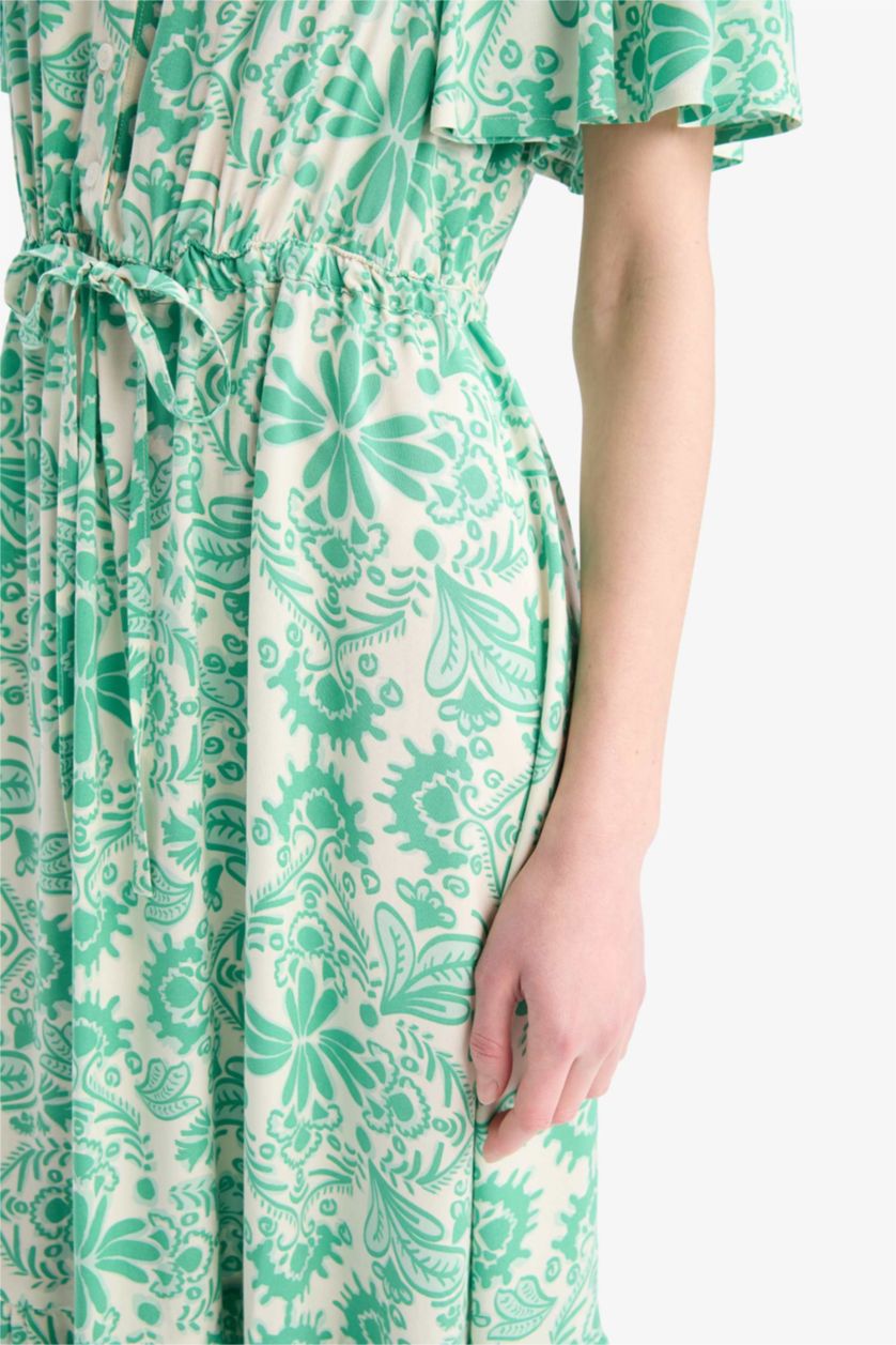 نساء أخضر فستان ميدي نص كم فلورال برقبة V