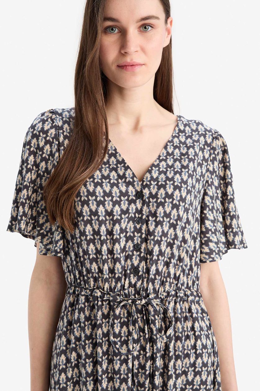 نساء كحلي فستان ميدي نص كم فلورال برقبة V