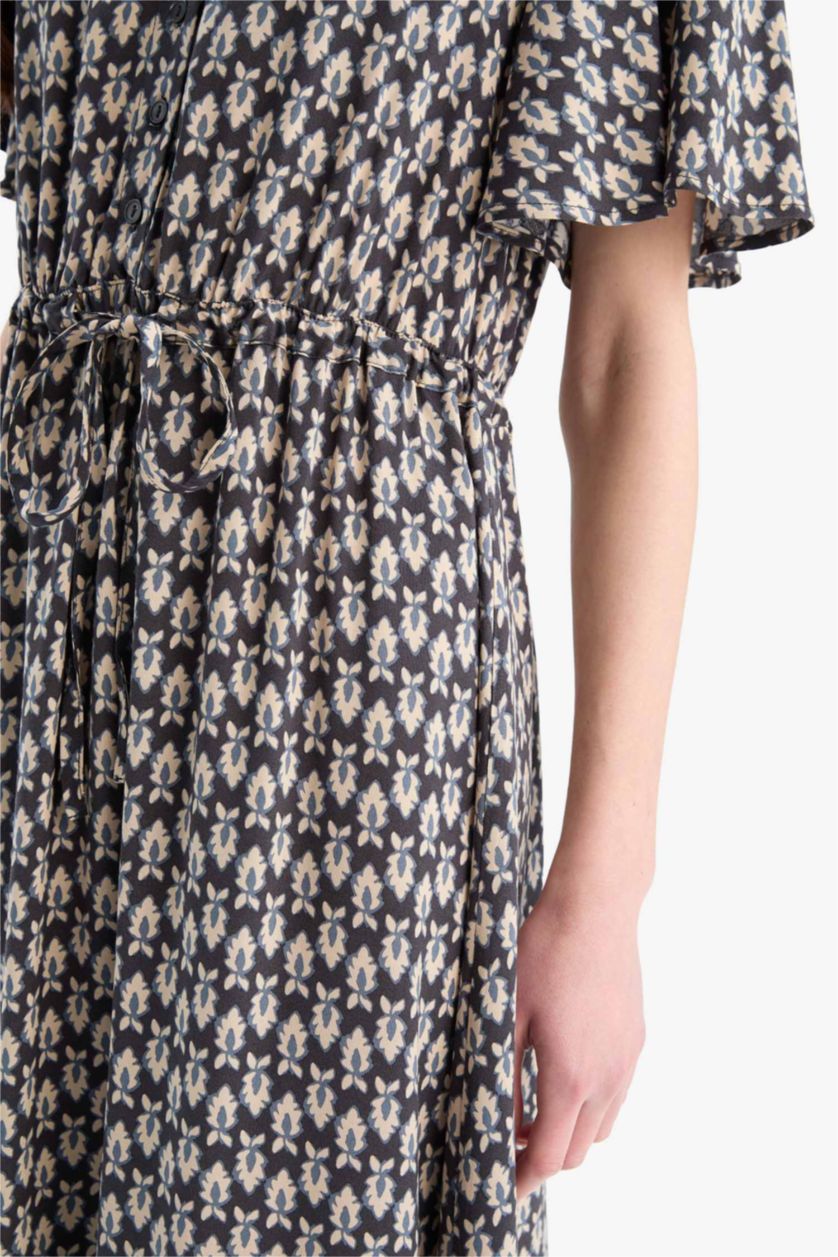 نساء كحلي فستان ميدي نص كم فلورال برقبة V