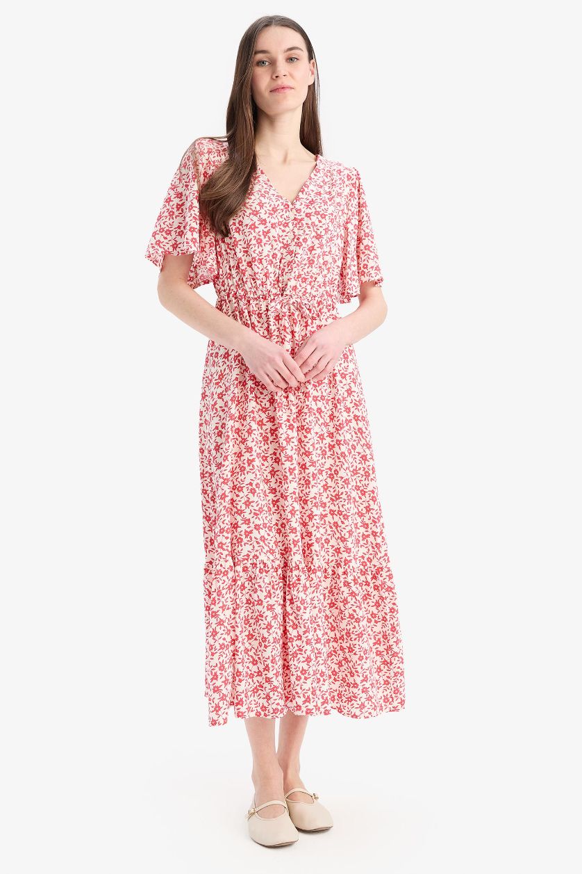 FEMME Rouge Clair Robe mi-longue fleurie à manches courtes et col V
