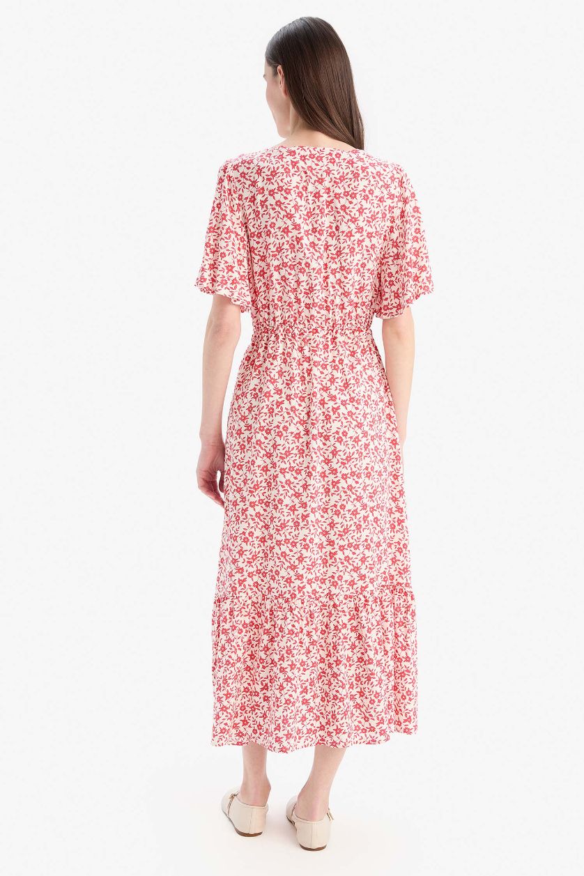 FEMME Rouge Clair Robe mi-longue fleurie à manches courtes et col V