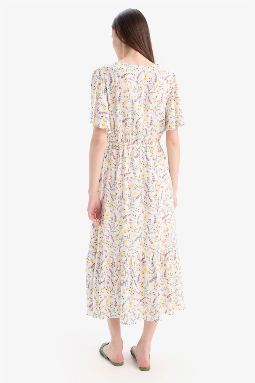 نساء أصفر فاتح فستان ميدي نص كم فلورال برقبة V