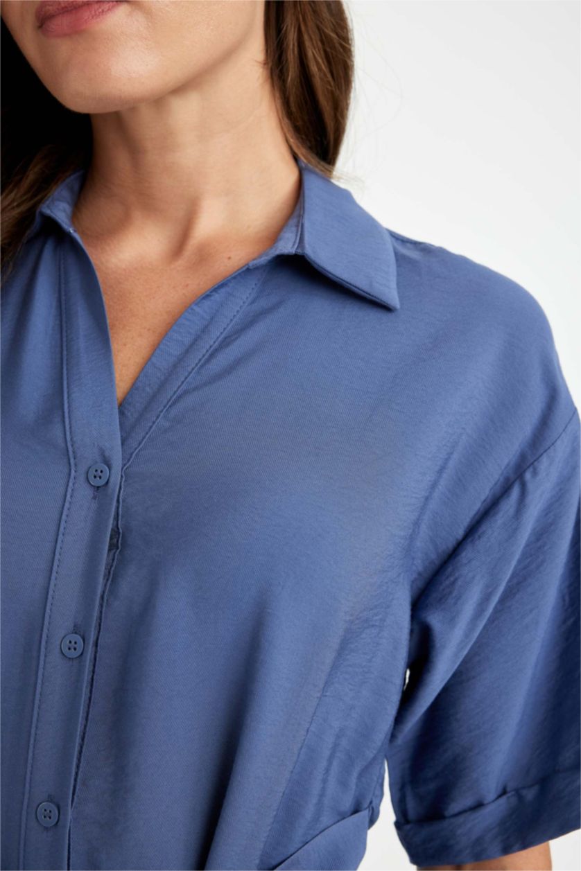 Kadın İndigo Gömlek Yaka Kısa Kollu Kuşaklı  Midi Elbise