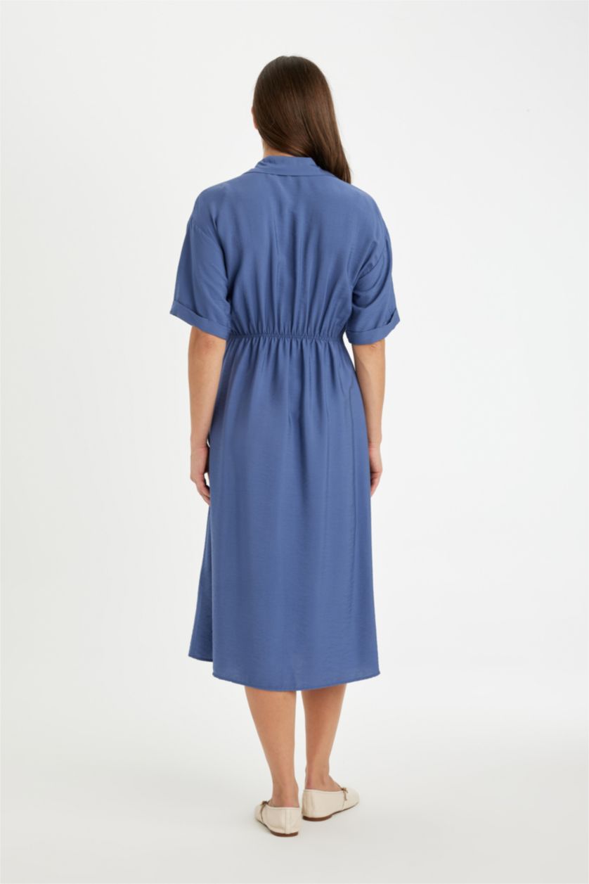 Kadın İndigo Gömlek Yaka Kısa Kollu Kuşaklı  Midi Elbise