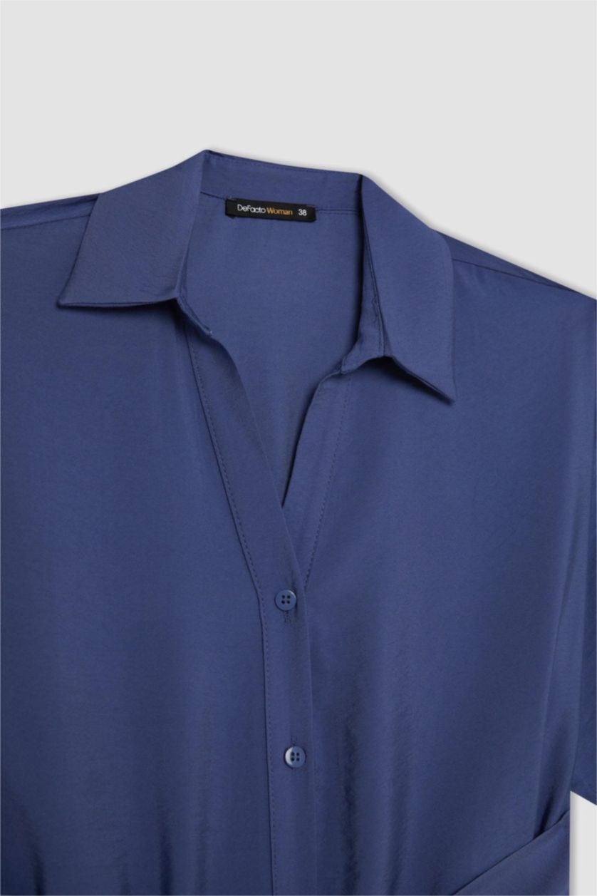 Kadın İndigo Gömlek Yaka Kısa Kollu Kuşaklı  Midi Elbise