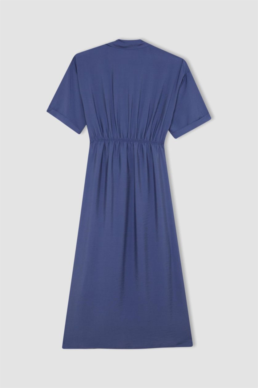 Kadın İndigo Gömlek Yaka Kısa Kollu Kuşaklı  Midi Elbise