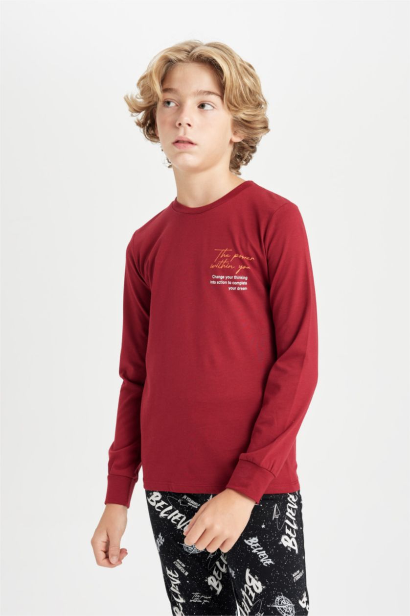 Erkek Çocuk - Genç Erkek Bordo Erkek Çocuk Pijama Takımı Baskılı Uzun Kollu Üst Uzun Alt