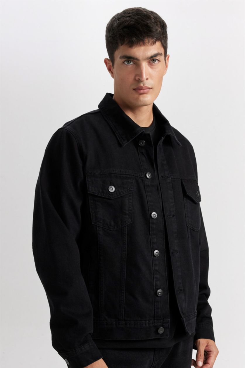 Erkek Siyah %100 Pamuk Düğmeli Cepli Denim Ceket