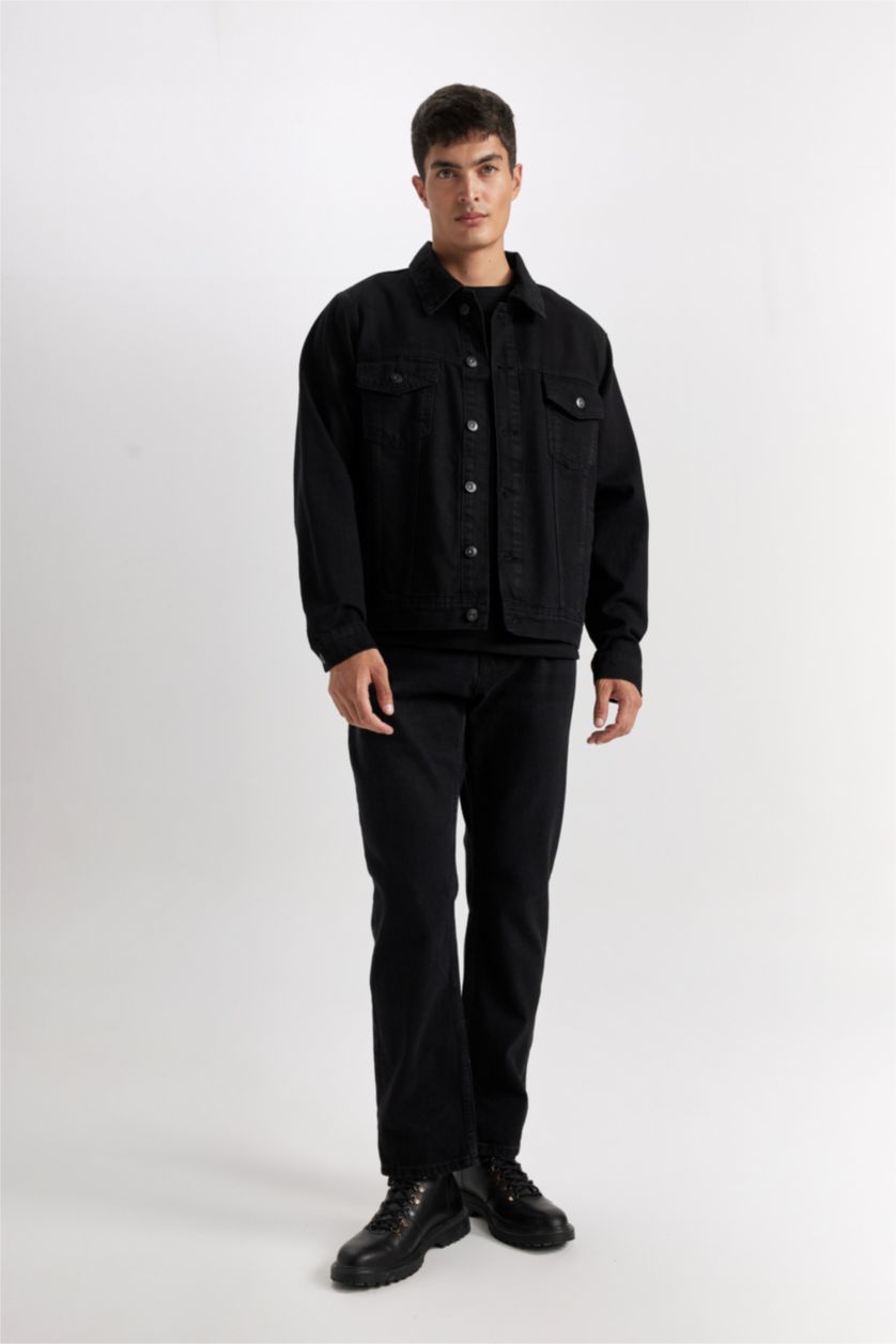 Erkek Siyah %100 Pamuk Düğmeli Cepli Denim Ceket