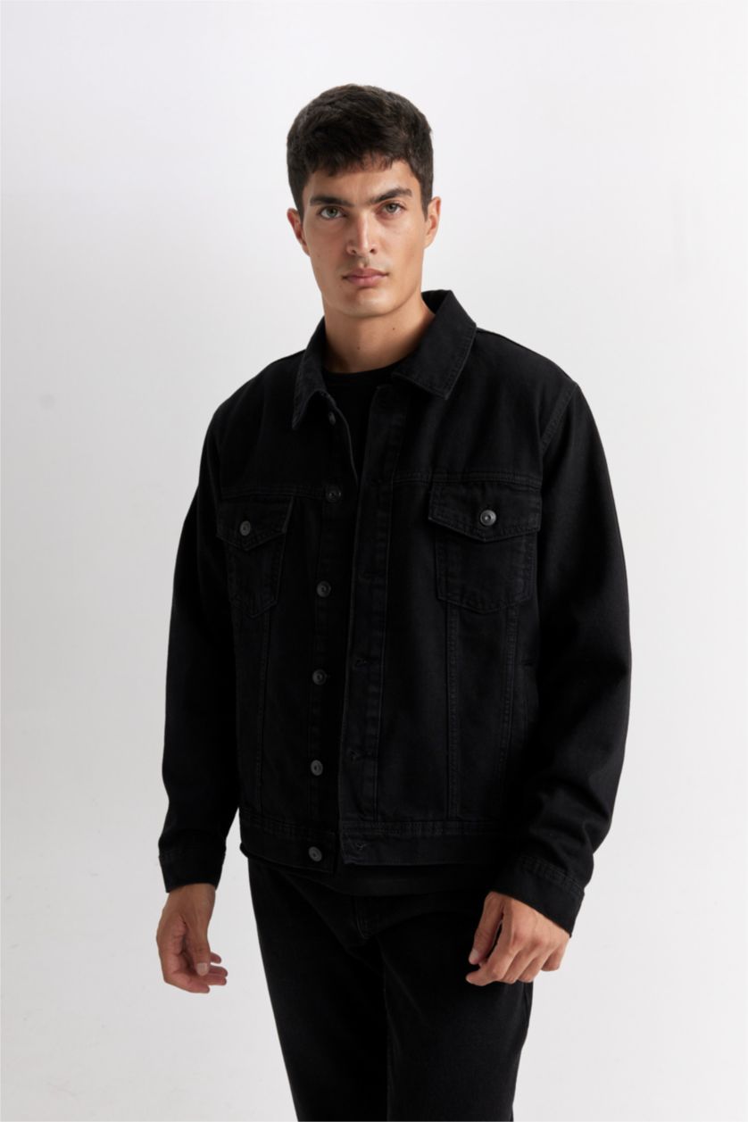 Erkek Siyah %100 Pamuk Düğmeli Cepli Denim Ceket