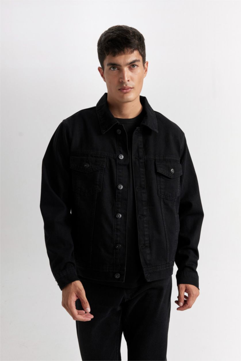 Erkek Siyah %100 Pamuk Düğmeli Cepli Denim Ceket