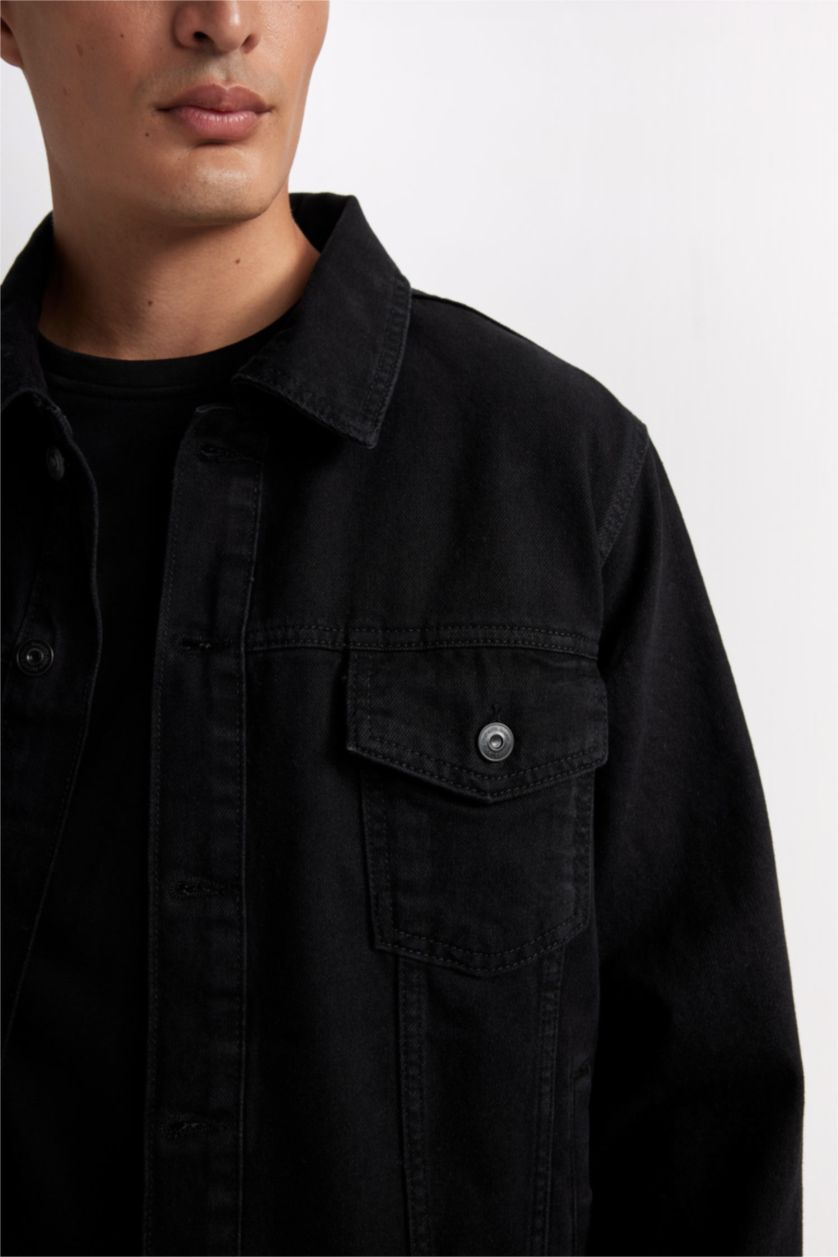 Erkek Siyah %100 Pamuk Düğmeli Cepli Denim Ceket