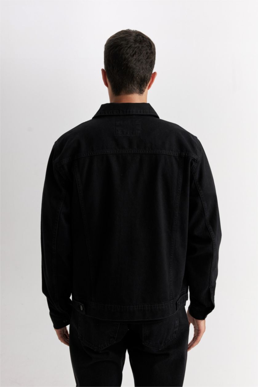 Erkek Siyah %100 Pamuk Düğmeli Cepli Denim Ceket