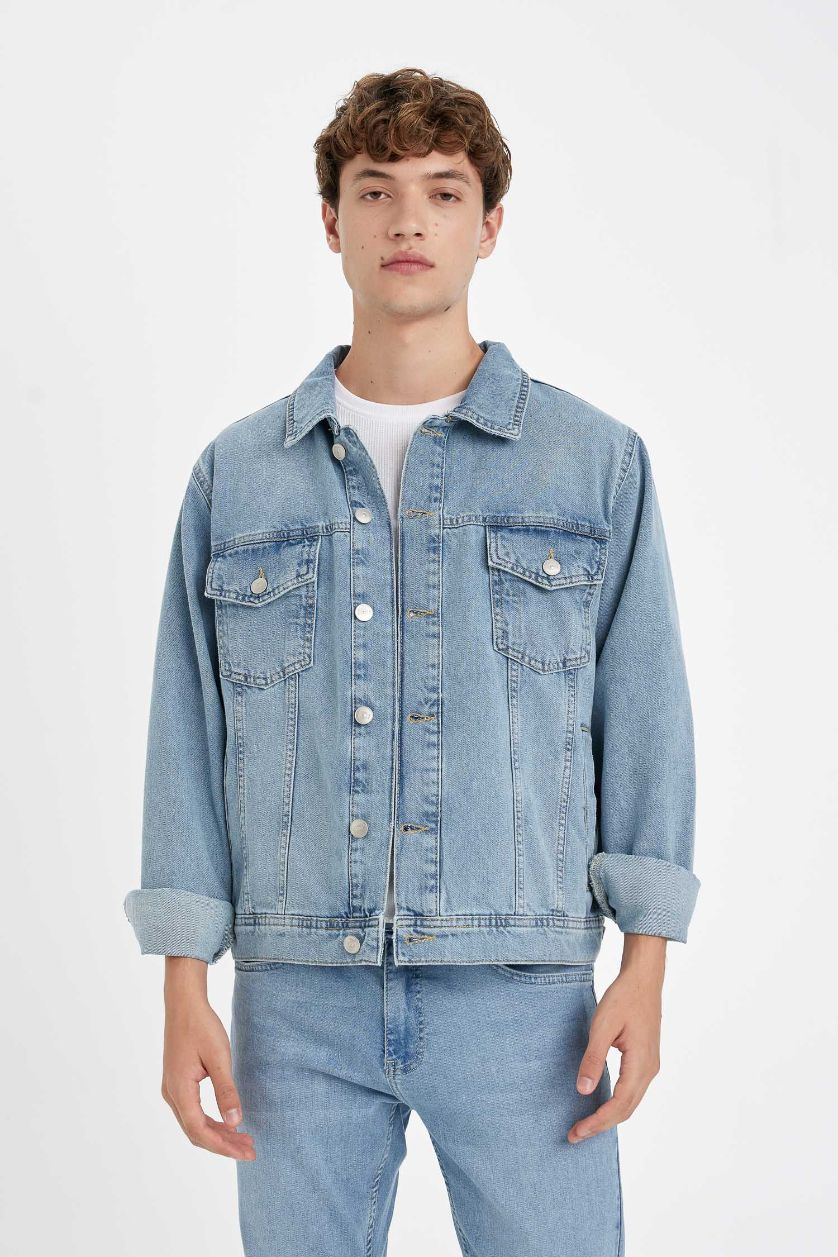 Erkek Açık Mavi %100 Pamuk Düğmeli Cepli Denim Ceket