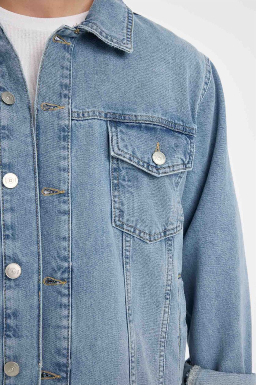 Erkek Açık Mavi %100 Pamuk Düğmeli Cepli Denim Ceket