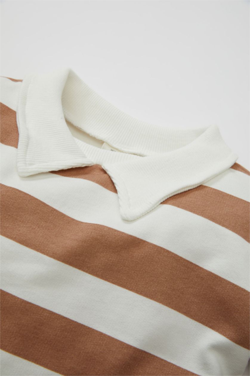 Kız Bebek Ekru Kız Bebek 2'li Takım Polo Yaka Okul Çizgili Sweatshirt Beli Lastikli İspanyol Paça Tayt