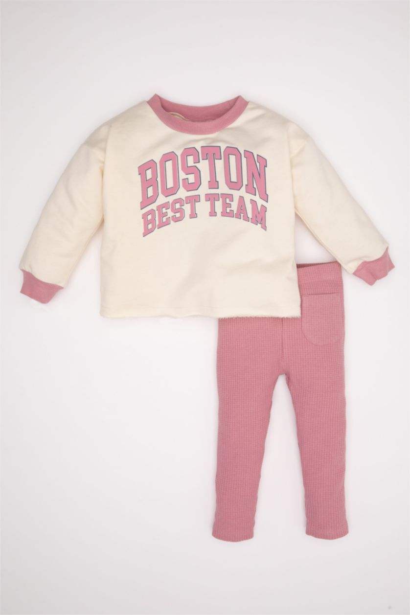 BABY GIRL Ecru Baby Girl Printed Sweatshirt Bottom 2 Piece Set