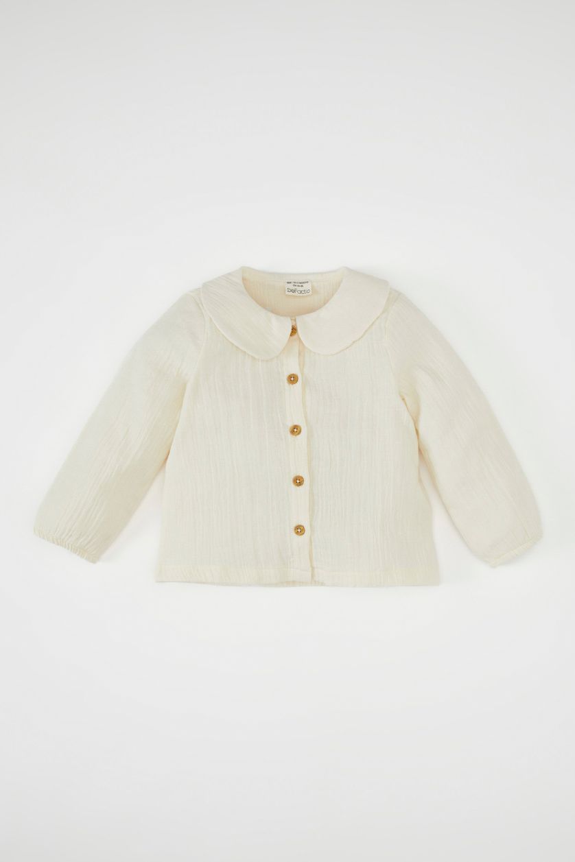 Kız Bebek Ekru Kız Bebek Okul Bebe Yaka Uzun Kollu Düğmeli Muslin Gömlek
