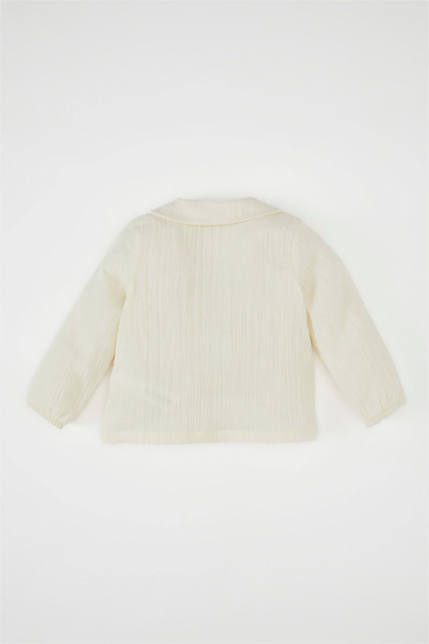 Kız Bebek Ekru Kız Bebek Okul Bebe Yaka Uzun Kollu Düğmeli Muslin Gömlek