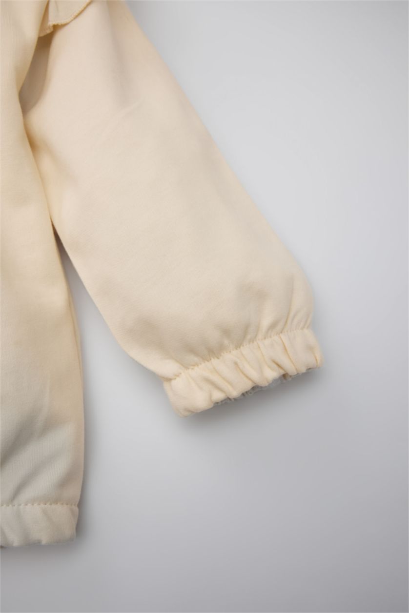 Kız Bebek Ekru Kız Bebek 2'li Takım Kalp Desenli Sweatshirt Beli Lastikli İspanyol Paça Tayt