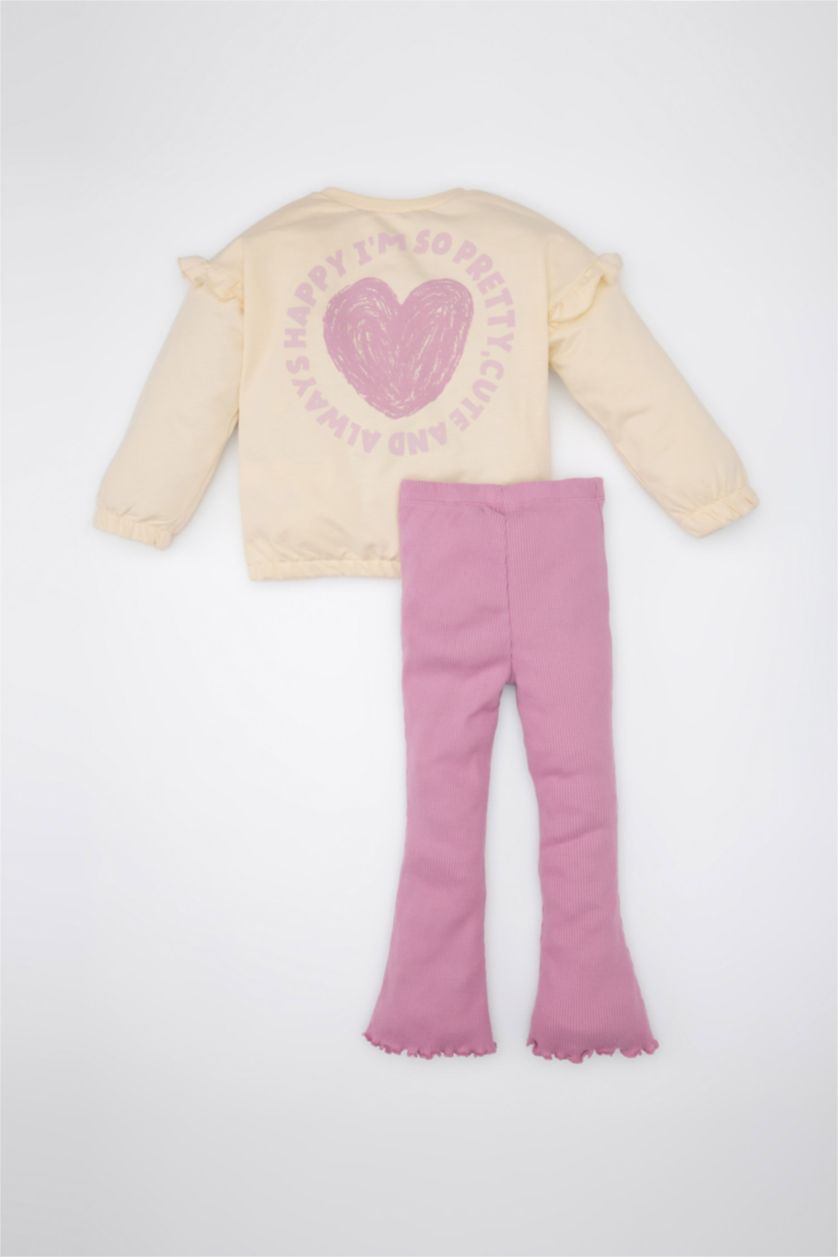 Kız Bebek Ekru Kız Bebek 2'li Takım Kalp Desenli Sweatshirt Beli Lastikli İspanyol Paça Tayt