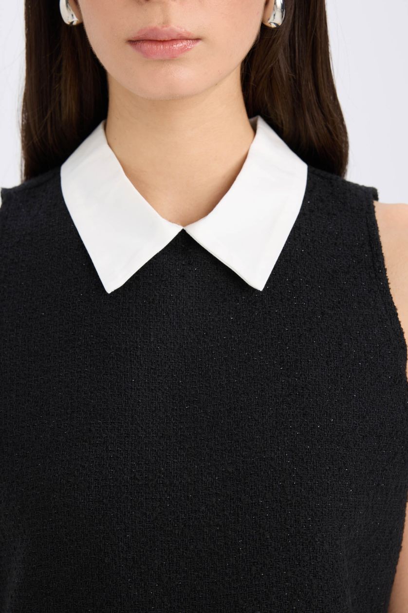 FEMME Noir Mini Robe noire Basique en tweed à coupe A et à col chemise, sans manches