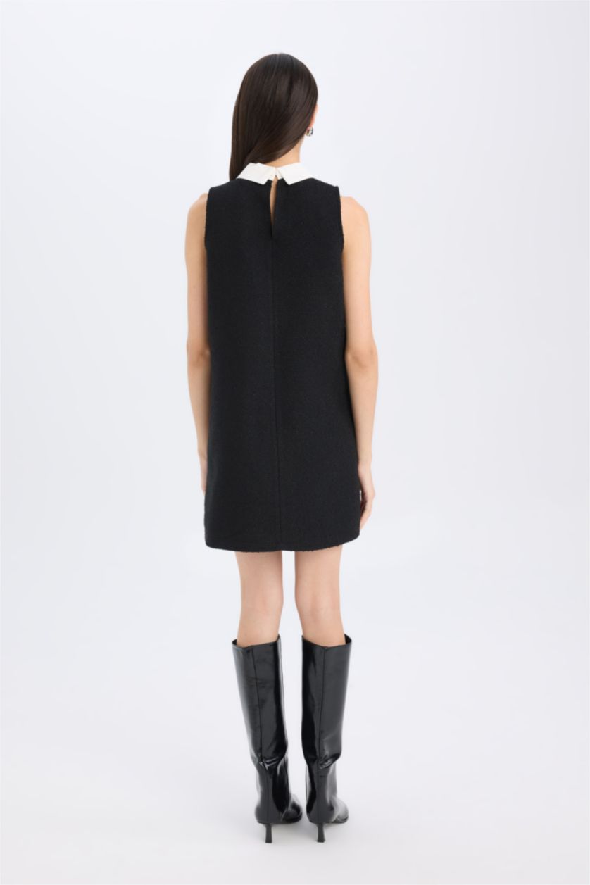 FEMME Noir Mini Robe noire Basique en tweed à coupe A et à col chemise, sans manches