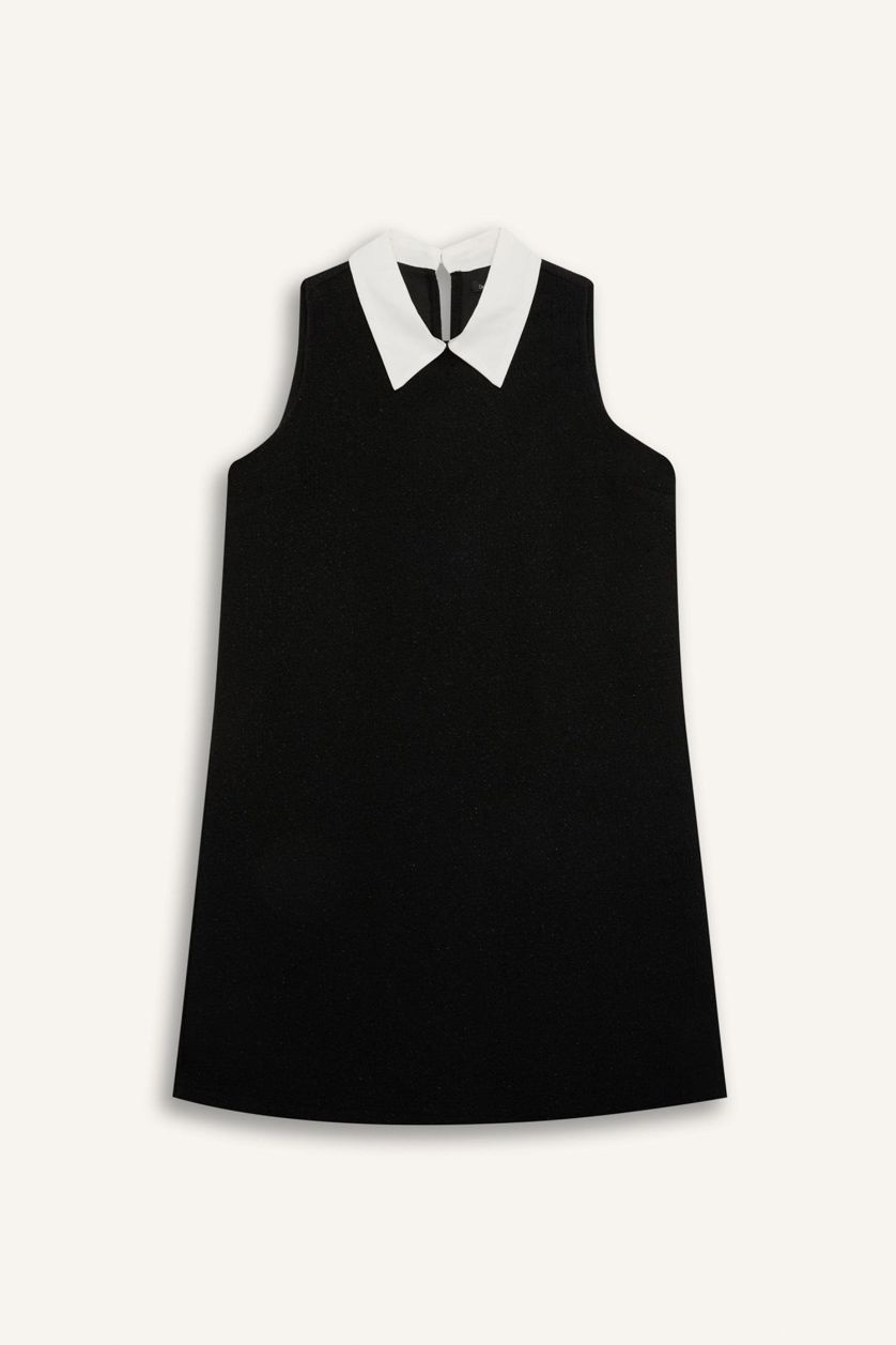 FEMME Noir Mini Robe noire Basique en tweed à coupe A et à col chemise, sans manches