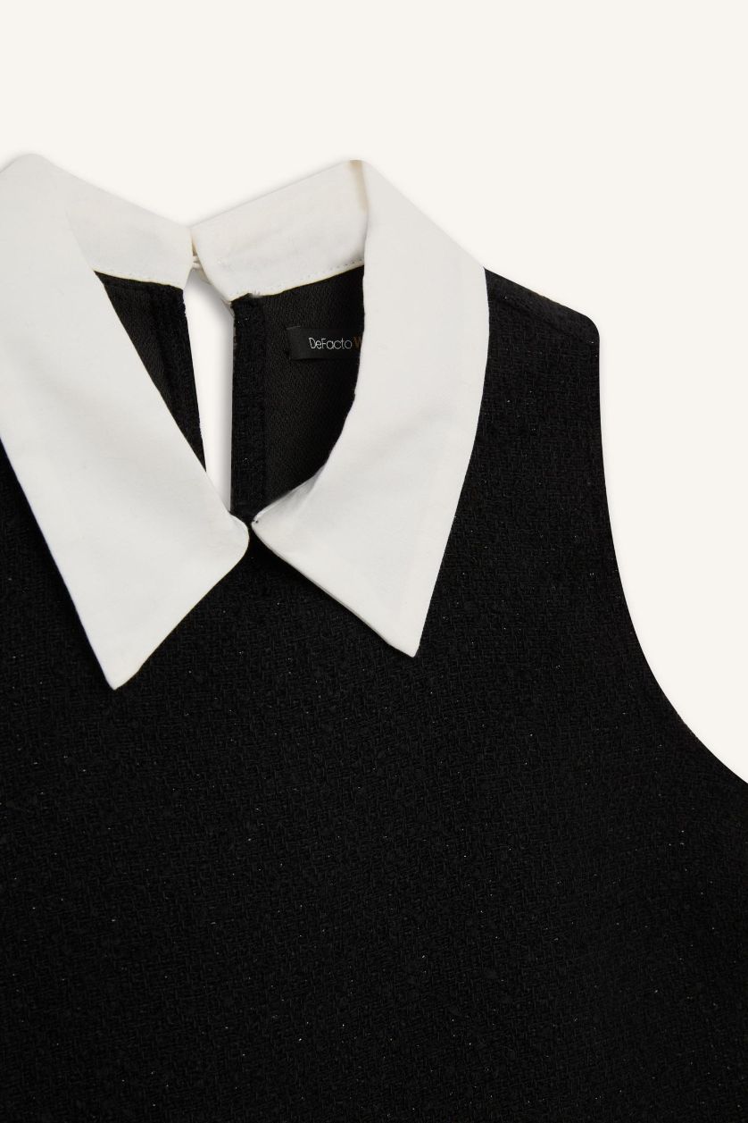 FEMME Noir Mini Robe noire Basique en tweed à coupe A et à col chemise, sans manches