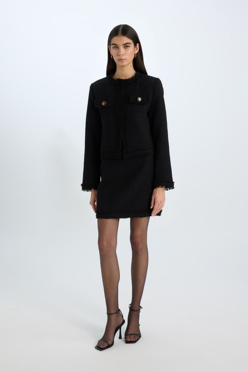 Kadın Siyah A Kesim Yüksek Bel Basic Düz Tweed Mini Siyah Etek