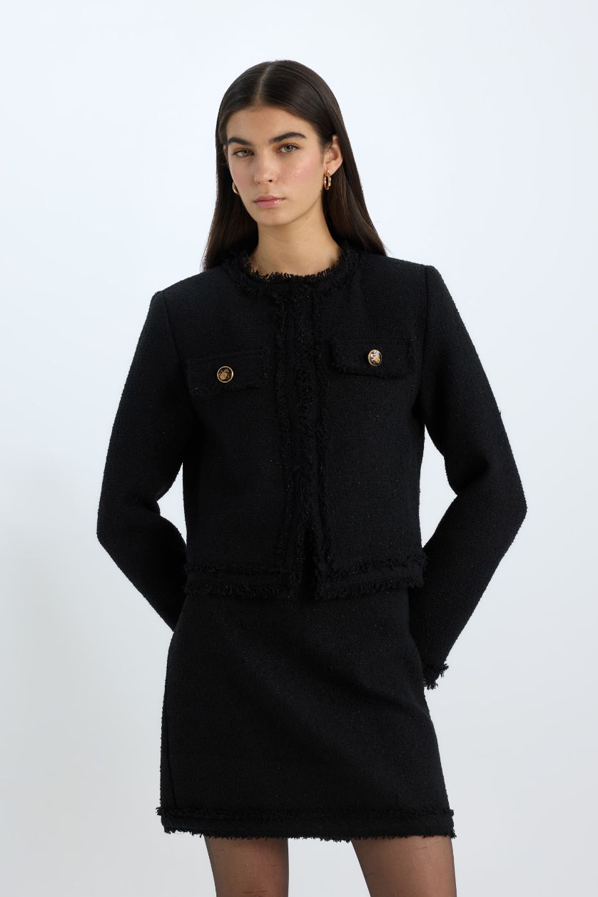 Kadın Siyah A Kesim Yüksek Bel Basic Düz Tweed Mini Siyah Etek