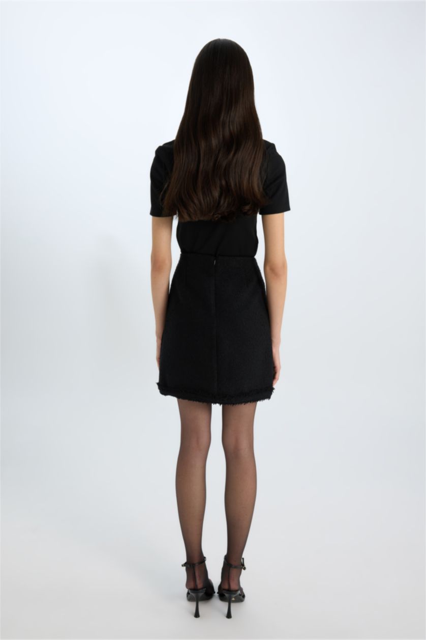 Kadın Siyah A Kesim Yüksek Bel Basic Düz Tweed Mini Siyah Etek