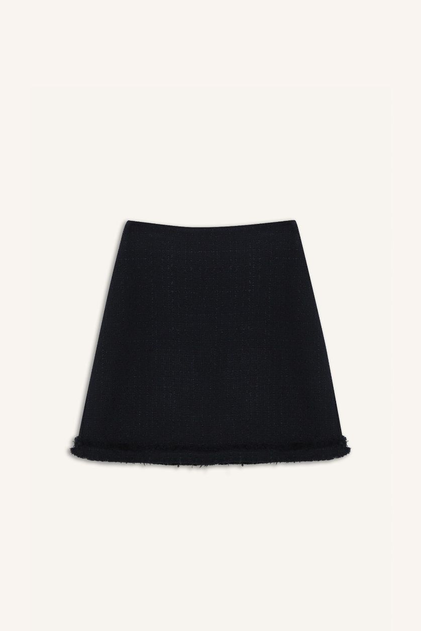 Kadın Lacivert 	A Kesim Yüksek Bel Basic Düz Tweed Mini Etek