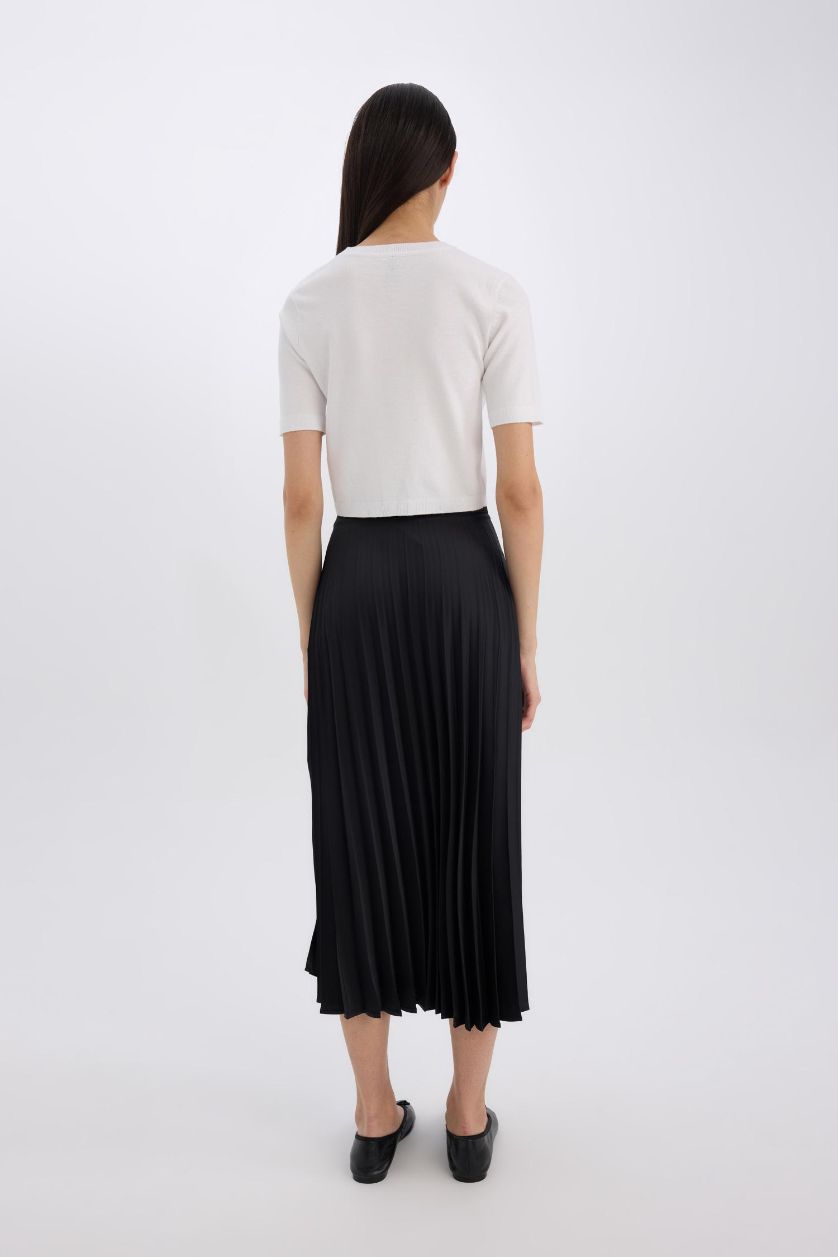 Kadın Siyah A Kesim Yüksek Bel Pileli Basic Düz Saten Maxi Etek