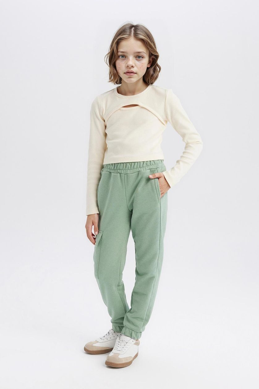 Girls & Teens Light Green Girl Elastic Waist Leg Cargo Jogger Sweatpants