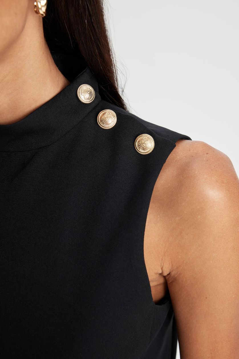 Kadın Siyah Yarım Balıkçı Yaka Basic Düz Düğmeli Kolsuz Mini Siyah Elbise