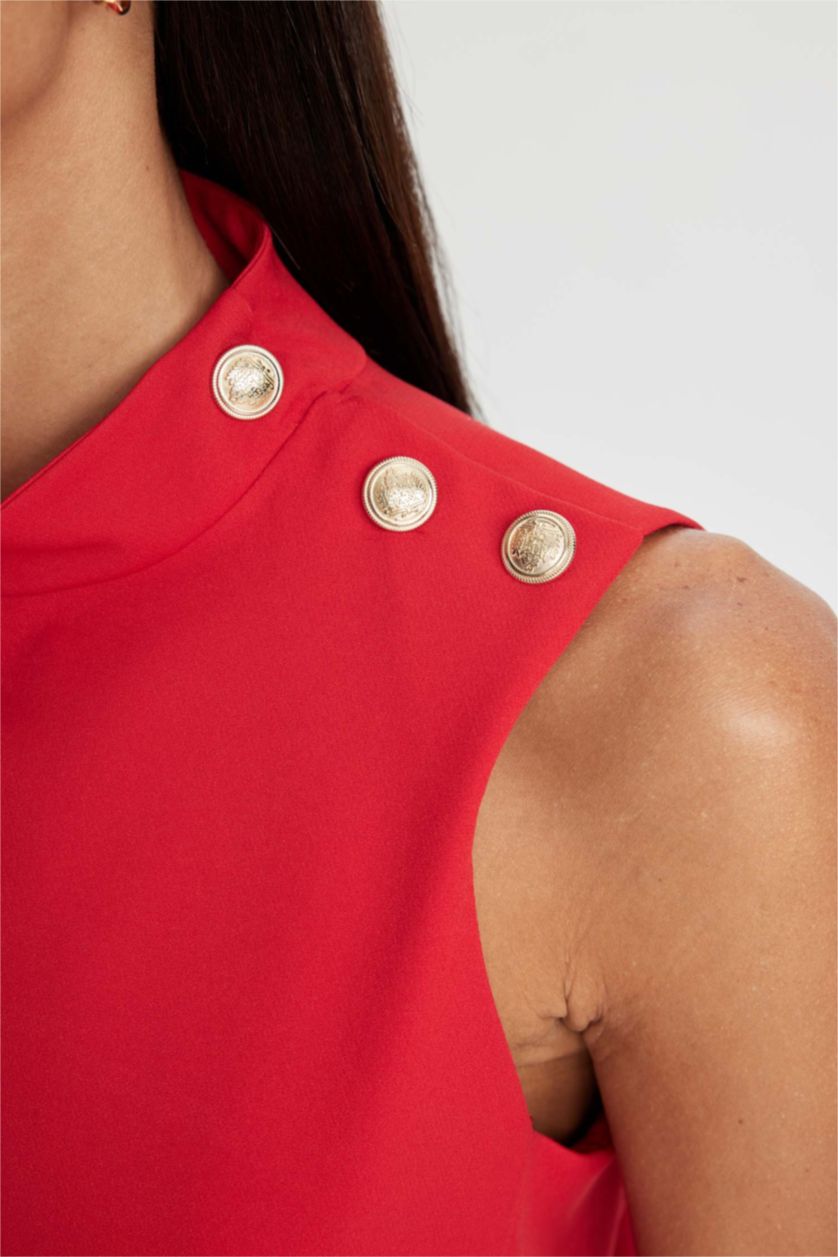 Kadın Kırmızı Yarım Balıkçı Yaka Basic Düz Düğmeli Kolsuz Mini Kırmızı Abiye Elbise