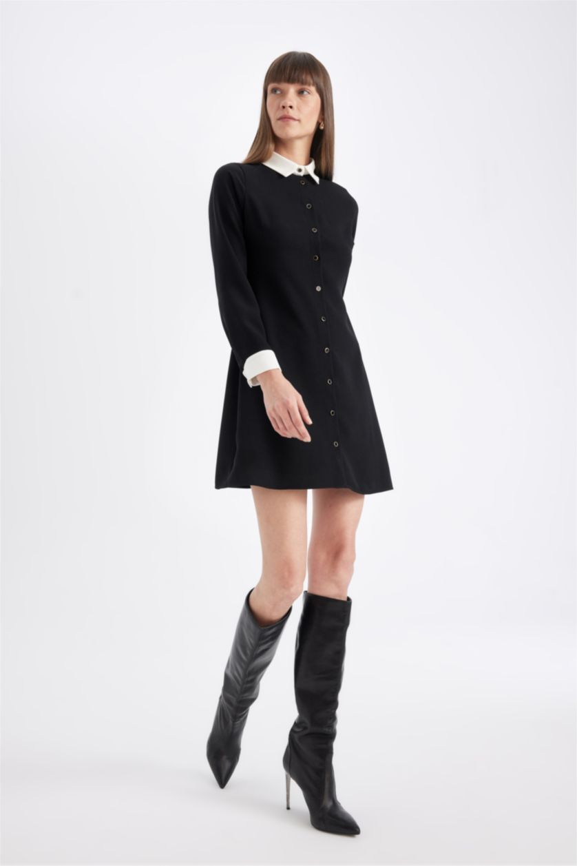 WOMAN Black Crepe Long Sleeve Mini Dress