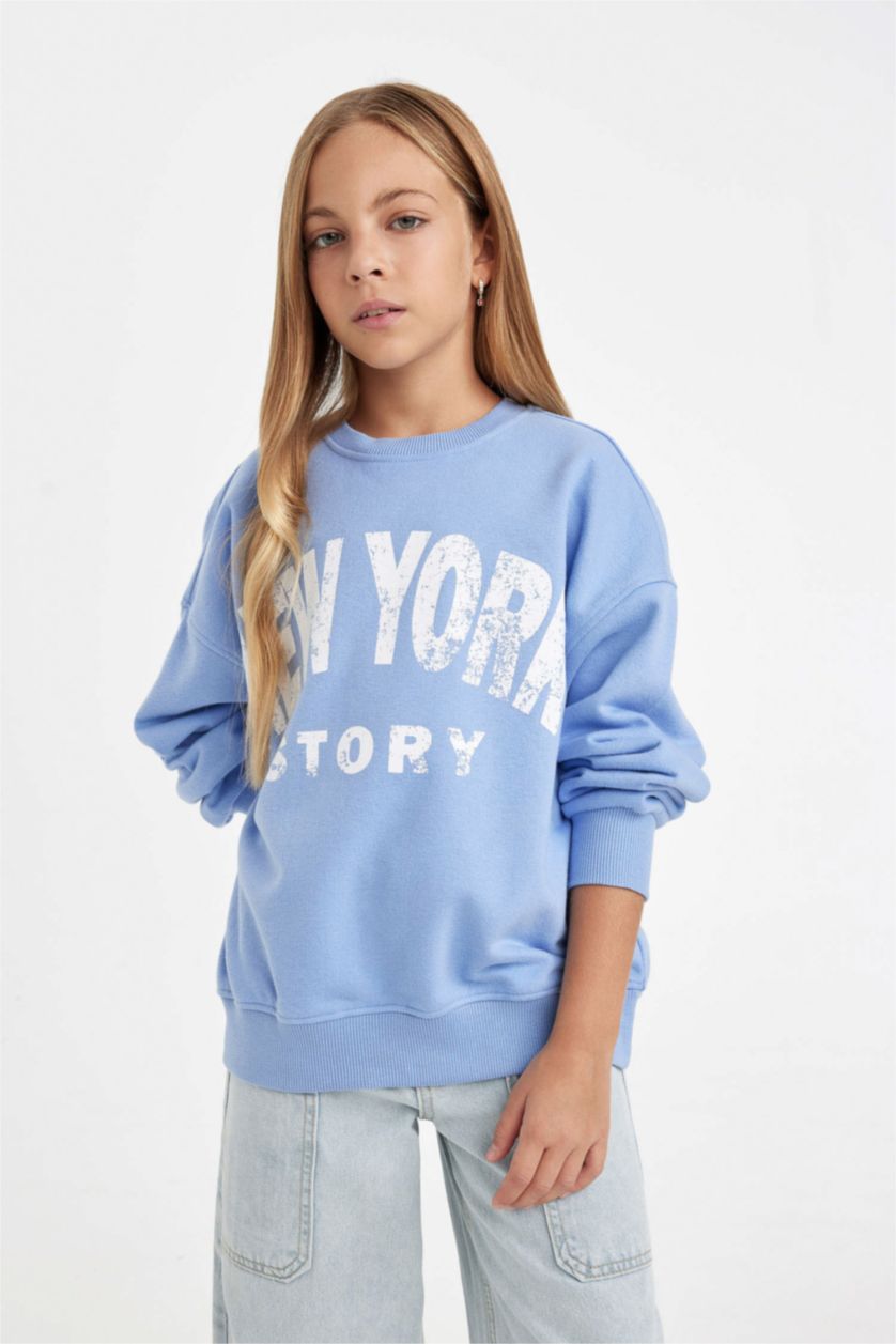 Kız Çocuk - Genç Kız Mavi Oversize Geniş Kalıp Bisiklet Yaka Baskılı Sweatshirt Kız Çocuk