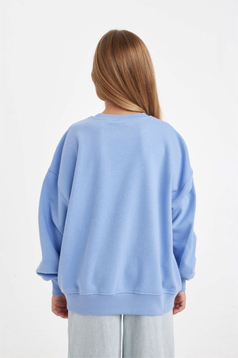 Kız Çocuk - Genç Kız Mavi Oversize Geniş Kalıp Bisiklet Yaka Baskılı Sweatshirt Kız Çocuk