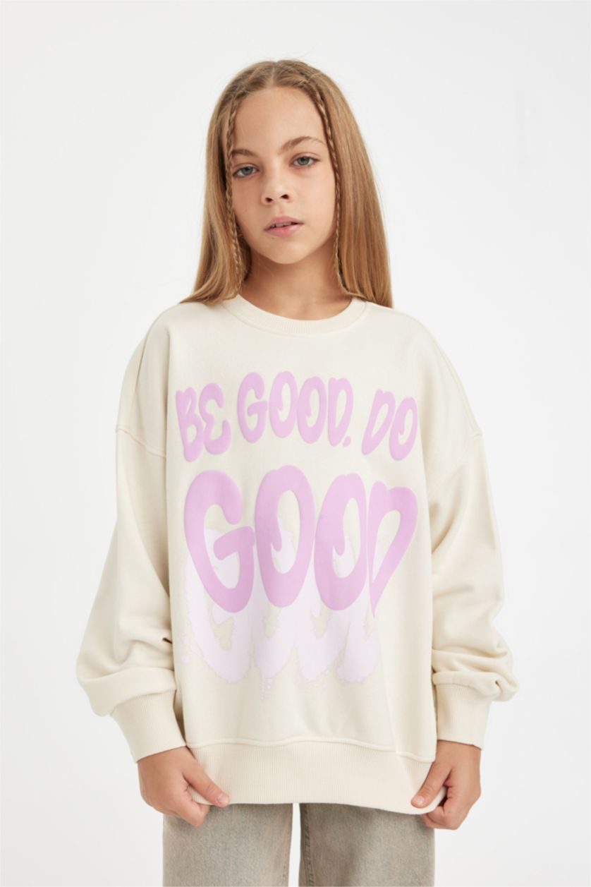 Kız Çocuk - Genç Kız Ekru Oversize Geniş Kalıp Bisiklet Yaka Baskılı Sweatshirt Kız Çocuk