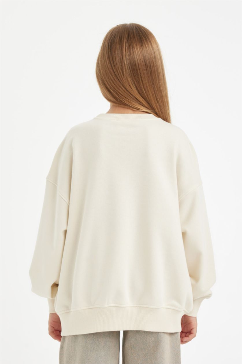 Kız Çocuk - Genç Kız Ekru Oversize Geniş Kalıp Bisiklet Yaka Baskılı Sweatshirt Kız Çocuk